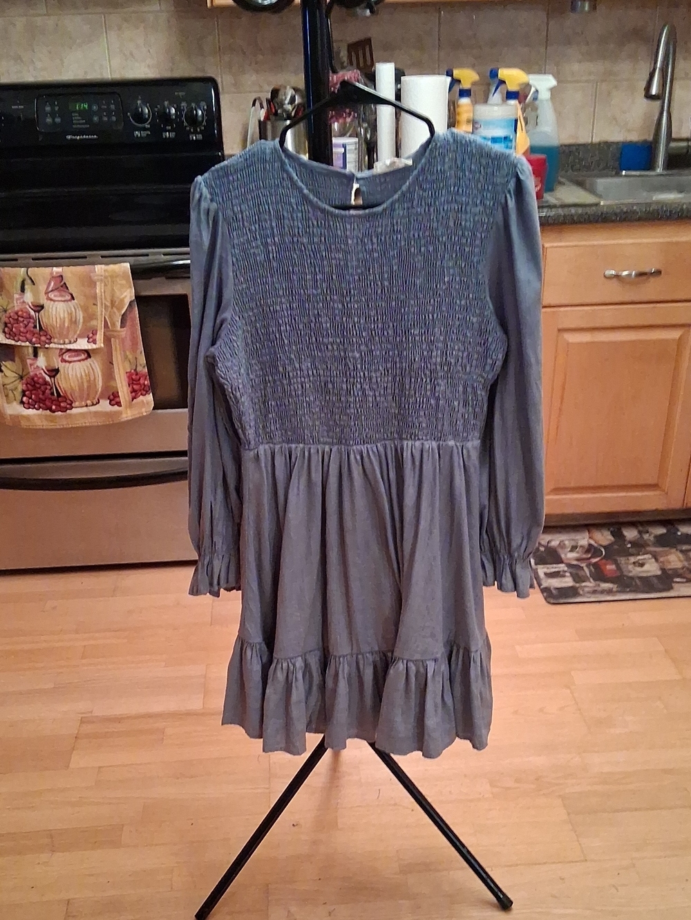 entro Dusty Blue Smocked Long-Sleeve Tiered Mini Dress